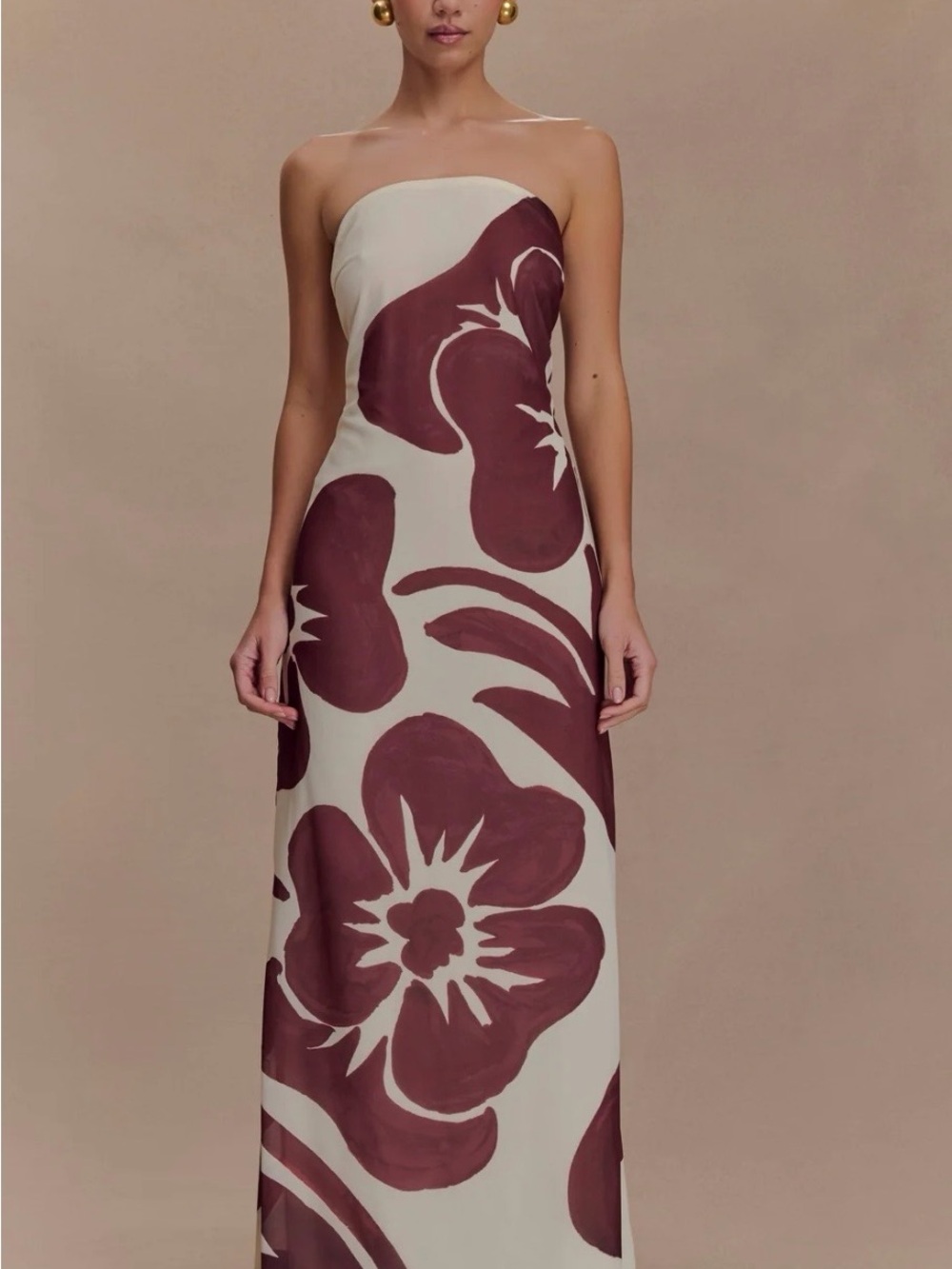 Meshki Amaya Strapless Chiffon Maxi Dress Brown Deco Fleur Print Medium NWT